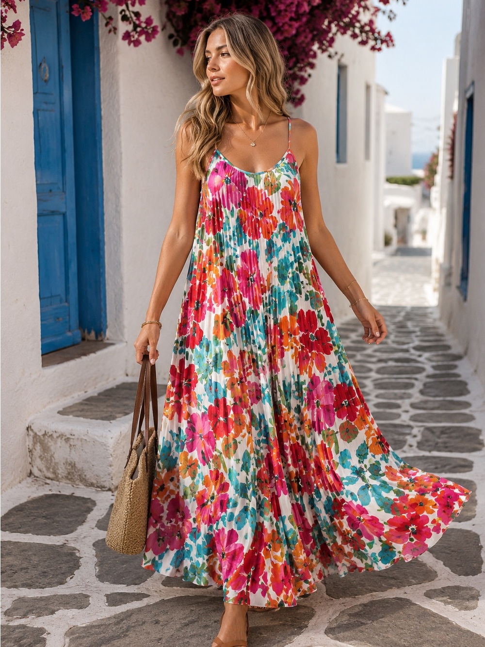Accordion Pleated Criss Cross Backless Cami Maxi Dress hot pink orange floral
